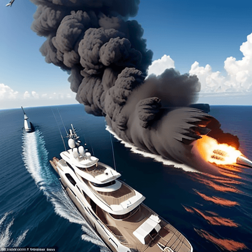 AI generated: ultra-modern yacht, photo-realistic, birds eye view 100 feet above and to side, heli-port on deck, h...
