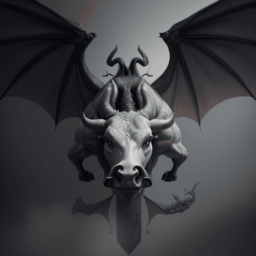 AI generated: a grey bull with dragon horn, has wings in both right and left shoulders, fog, bitcoin logo . octane...