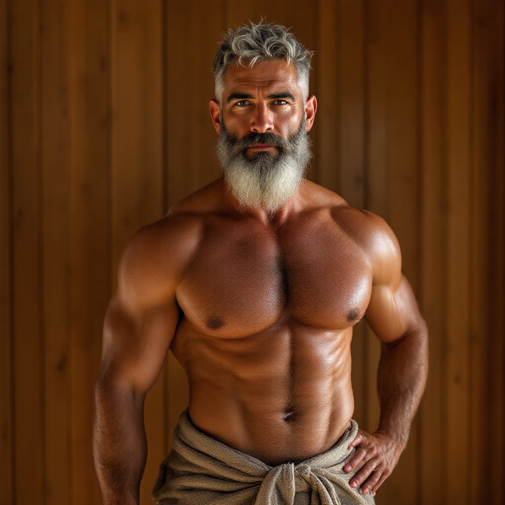 AI generated: Handsome muscular 40-year-old daddy, hairy chest, with silver salt and pepper hair and beard, broad ...