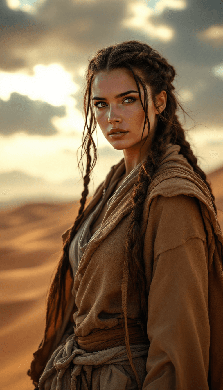 AI generated: A strong and resilient woman with long, braided dark auburn hair, often tied back for practicality. ...