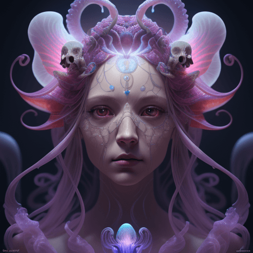 AI generated: Goddess close-up portrait ribcagel. jellyfish phoenix head, nautilus, orchid, skull, betta fish, bio...