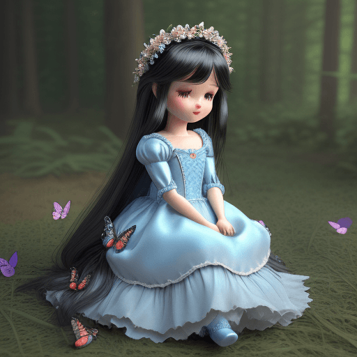 AI generated: A cute cinderella doll, blushing face, long length black straight hair, hair in the wind, flower cro...