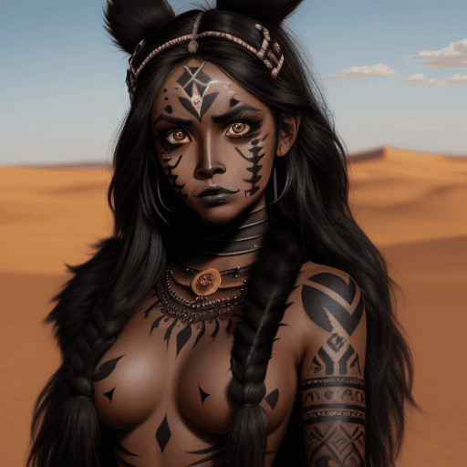 AI generated: a warrior princess in a desert, with black face paint, dark black long hair, brown big eyes, outfit ...