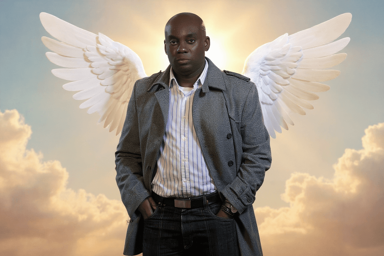 AI generated: A man wearing a gray coat, striped shirt, and jeans with angel wings, standing confidently with hand...