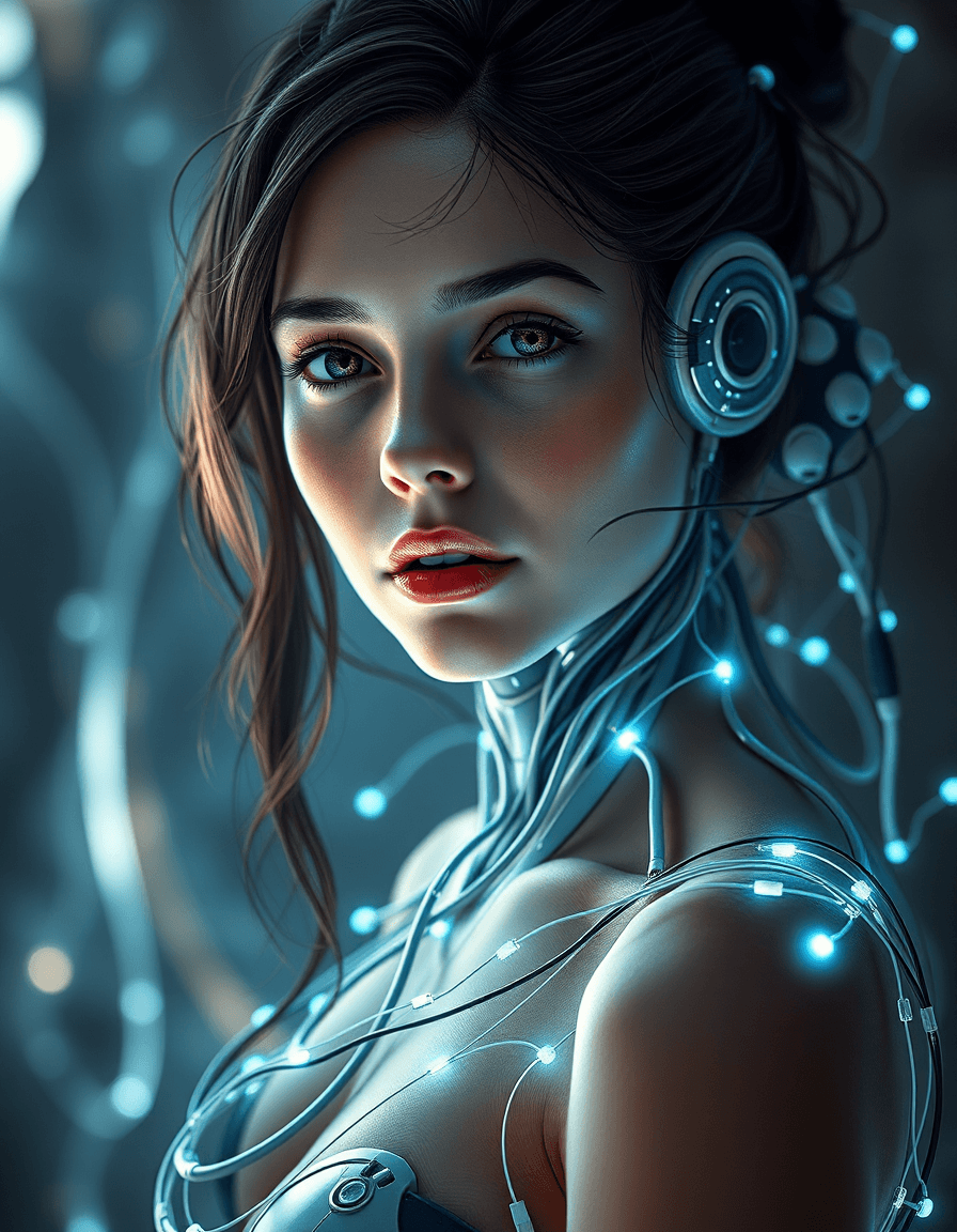 AI generated: artistic rendering of a woman seamlessly integrated with futuristic technology. The image should con...
