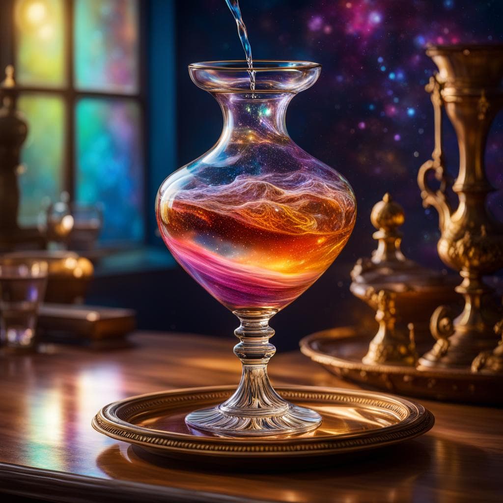 AI generated: Pouring the Universe into a luxurious potion bottle cup, fantasy art, concept art, rococo, aurora, b...