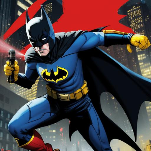 AI generated: YELLOW AND BLUE BATMAN WITH A RED BAT SIGN ON HIS CHASE WITH RADIO ANTENNAS ON THE SIDE OF HIS MASK ...