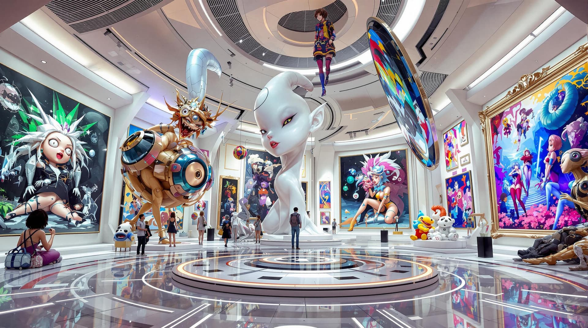 AI generated: A close-up view inside a futuristic virtual museum, showcasing anime-style art that is strange, weir...