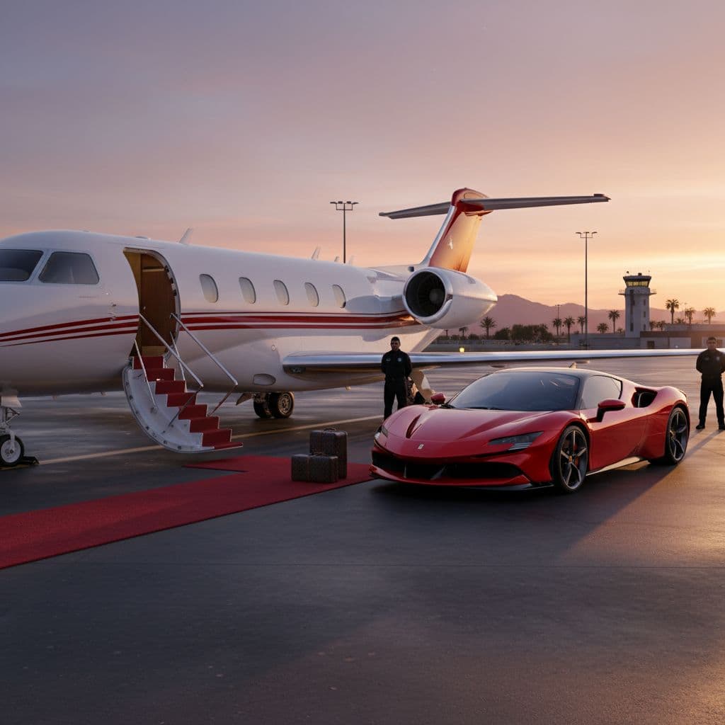 AI generated: A red and white  private jet with doors open and red Ferrari parked by the Side with red carpet real...