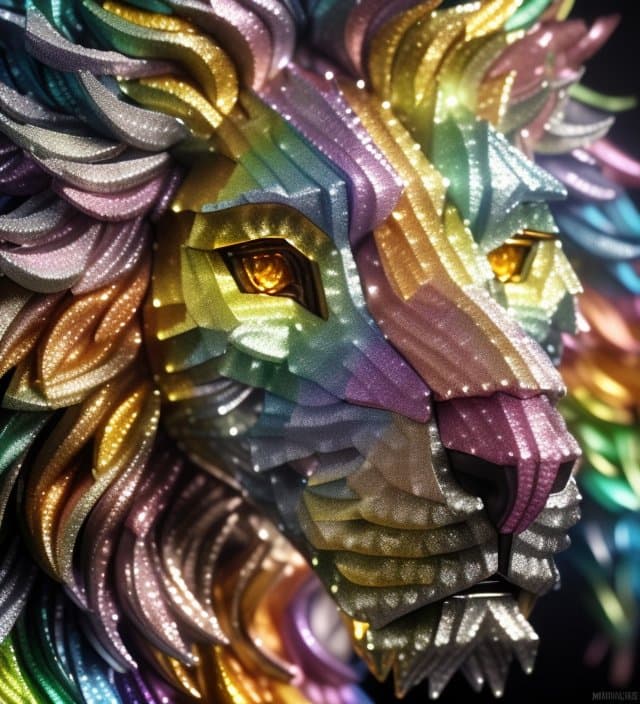 AI generated: a close up of a lion (made from many colored diamants:1.4), a 3D render by Mike Winkelmann, cgsociet...