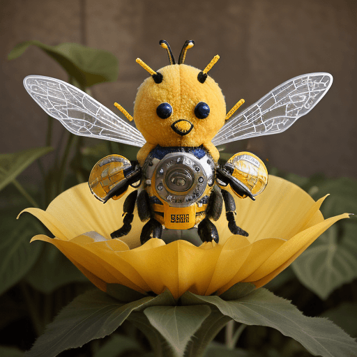 AI generated: An intricately detailed plush bumble bee with blue and yellow fur sits on the edge of a massive sunf...