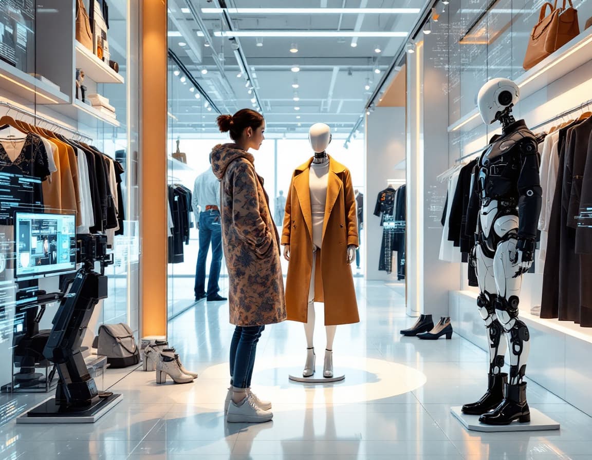 AI generated: Realistic digital fashion showroom powered by AR with someone (Asian) experimenting a western style ...