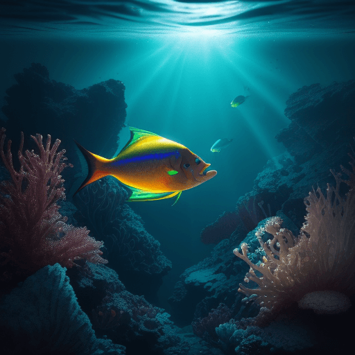 AI generated: (diving underwater scenery:1.3), diving equipment, luminous fish, Fish glowing in red and blue, hype...