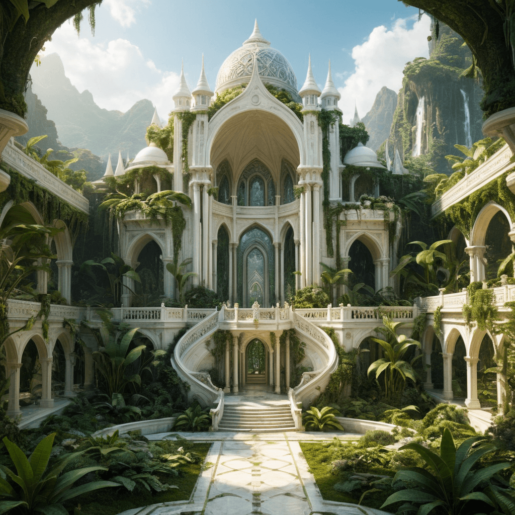 AI generated: dnd, fantasy, magical, elf, lots, palace, marble, jungle byCharles Schridde, (ivory , Terragen but e...