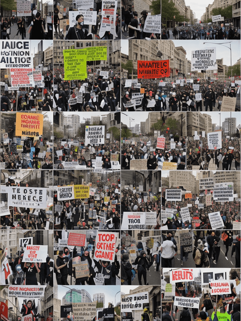 AI generated:  A united group of protesters marching through a city street, their banners and signs raising awaren...