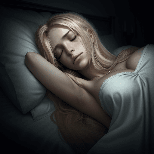 AI generated: woman, long blonde hair with dark highlights, lying in bed, sleeping, one arm above her head, one ha...