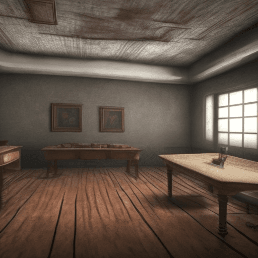 AI generated: uma sala de pesquisa com uma mesa grande e um quadro de suspeitos, estilo jogo de terror analogico