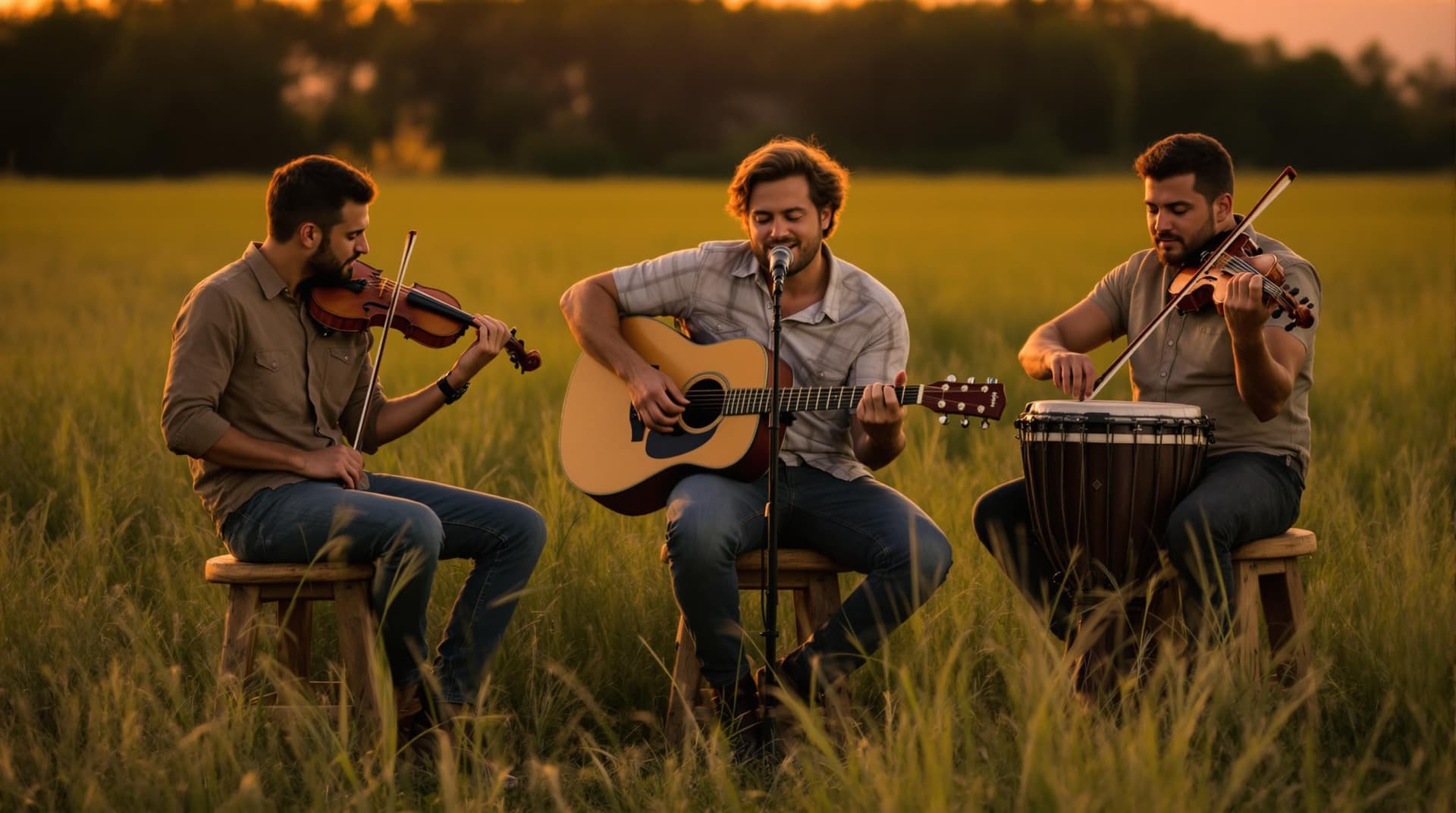 AI generated: A small band sitting on rustic wooden stools in an open field during the golden hour, surrounded by ...
