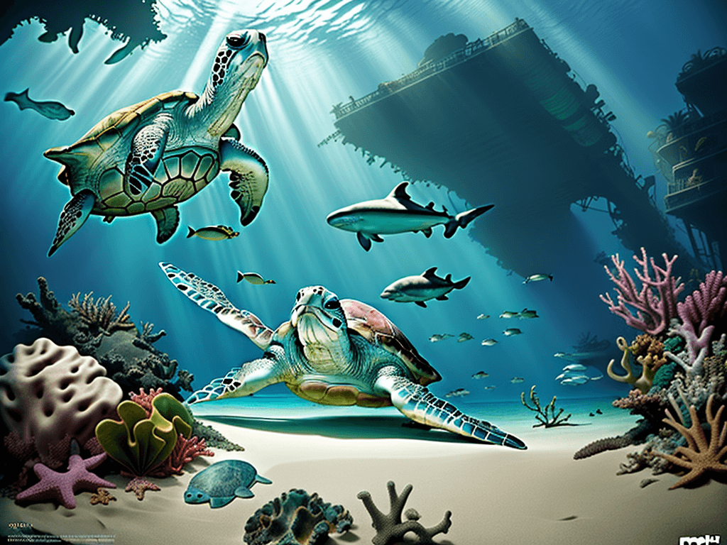 AI generated: Hyper realistic diving photo of an happy green sea turtle, old wreck on the sand, flashy fishes, sha...