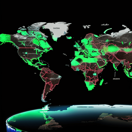 AI generated: 
World map photo, with dots of financial markets, 4k, with neon numbers in trend alsiste