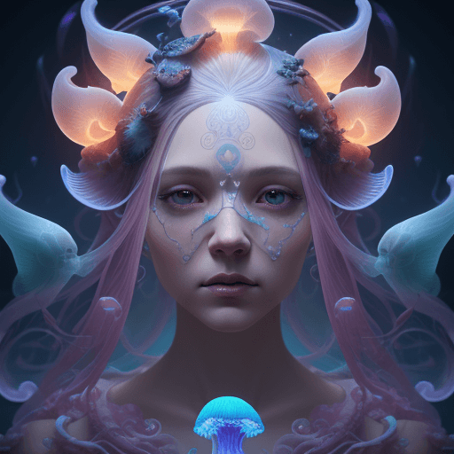 AI generated: Goddess close-up portrait ribcagel. jellyfish phoenix head, nautilus, orchid, skull, betta fish, bio...