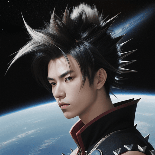 AI generated: A spiky haired Samurai floating in outer space, above Earth, 2000s modern anime style