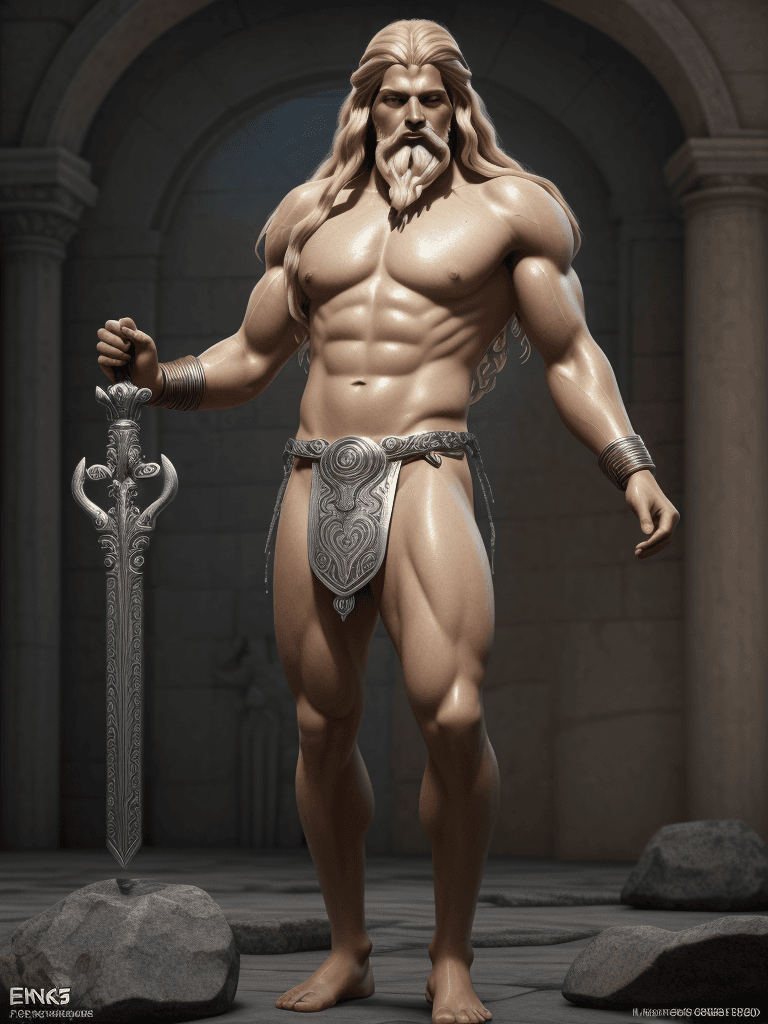 AI generated: A male ancient atlantean god Zeus in the flesh, long flowing golden hair, huge strong muscular, tiny...