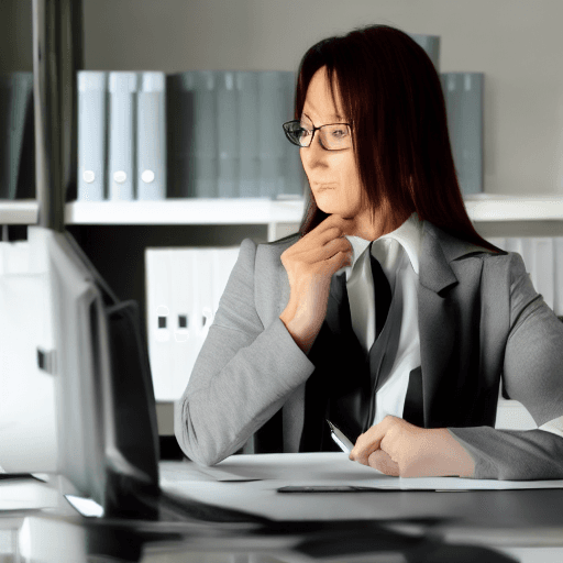 AI generated: Office, business suit, mature woman, desk, afternoon 