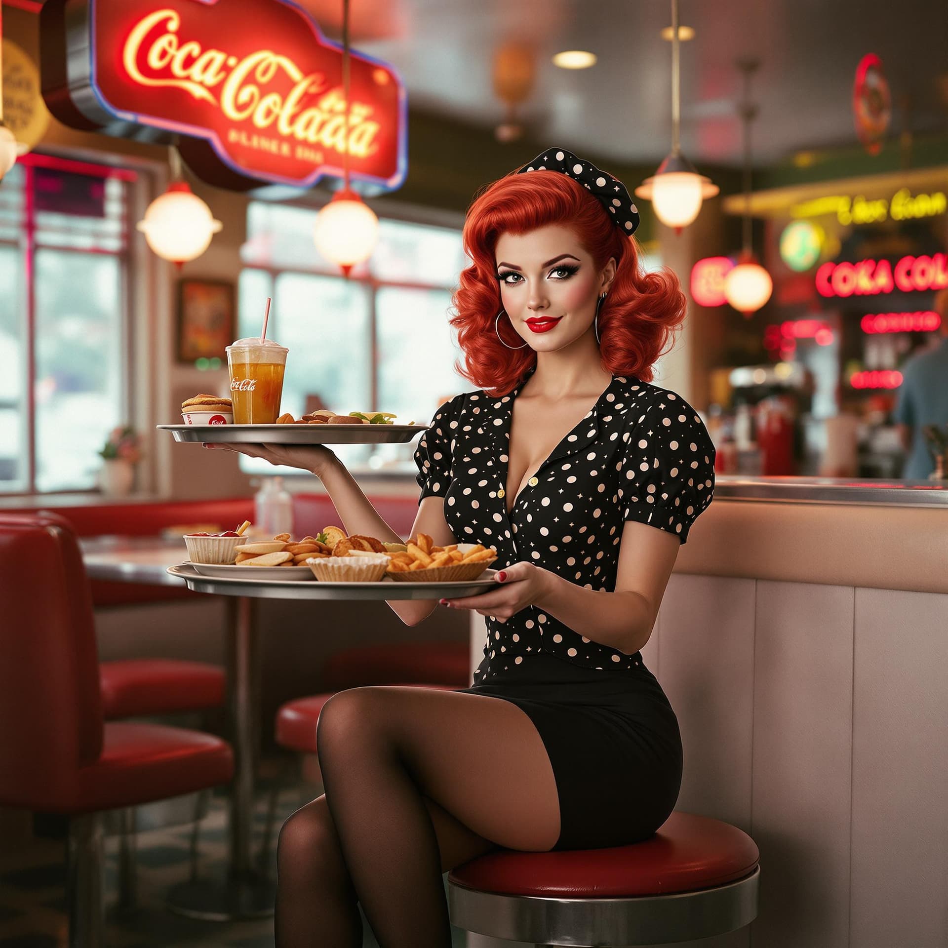 AI generated: retro, a woman with vibrant red hair, stylish pin-up outfit, sitting confidently on a stool, holding...