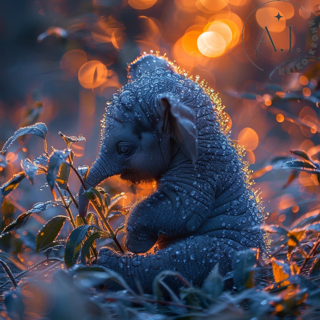 AI generated: a surreal image of a miniature elephant sitting on a blade of grass at sunrise with dewdrops --style...