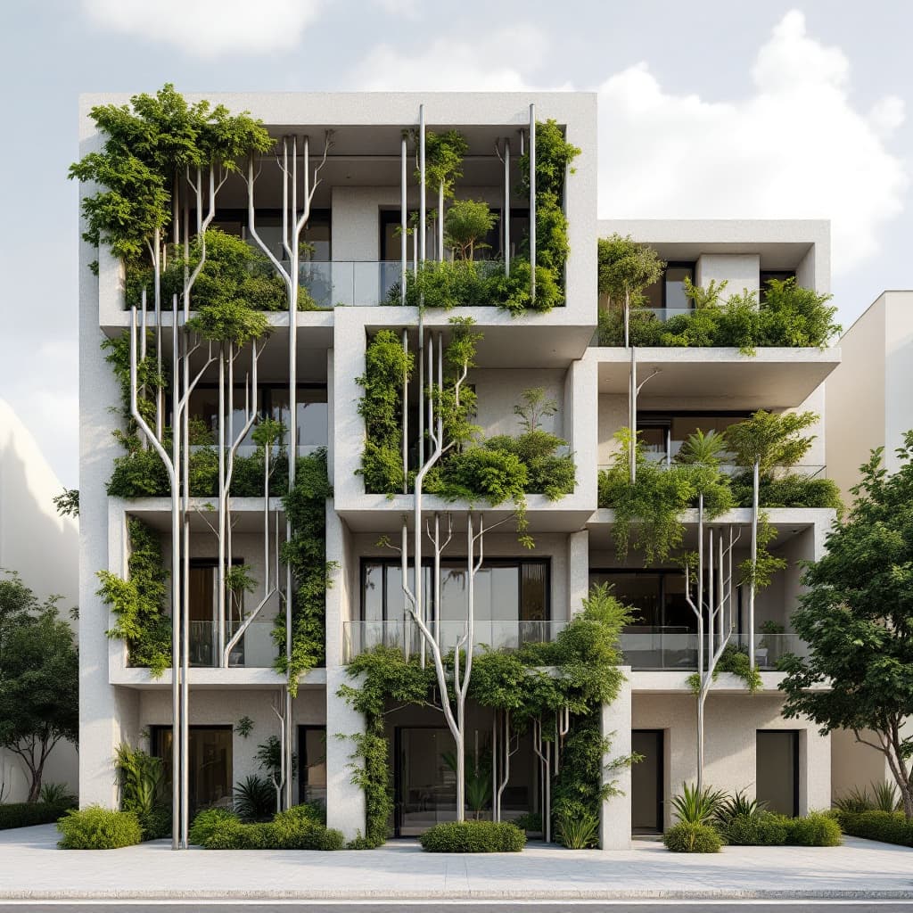 AI generated: An athenian block of buildings in Greece where there are vertical metal cylindrical elements imitati...
