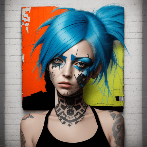 AI generated: woman with blue hair, in the style of multi-layered collages, edgy street art, celebrity-portraits, ...