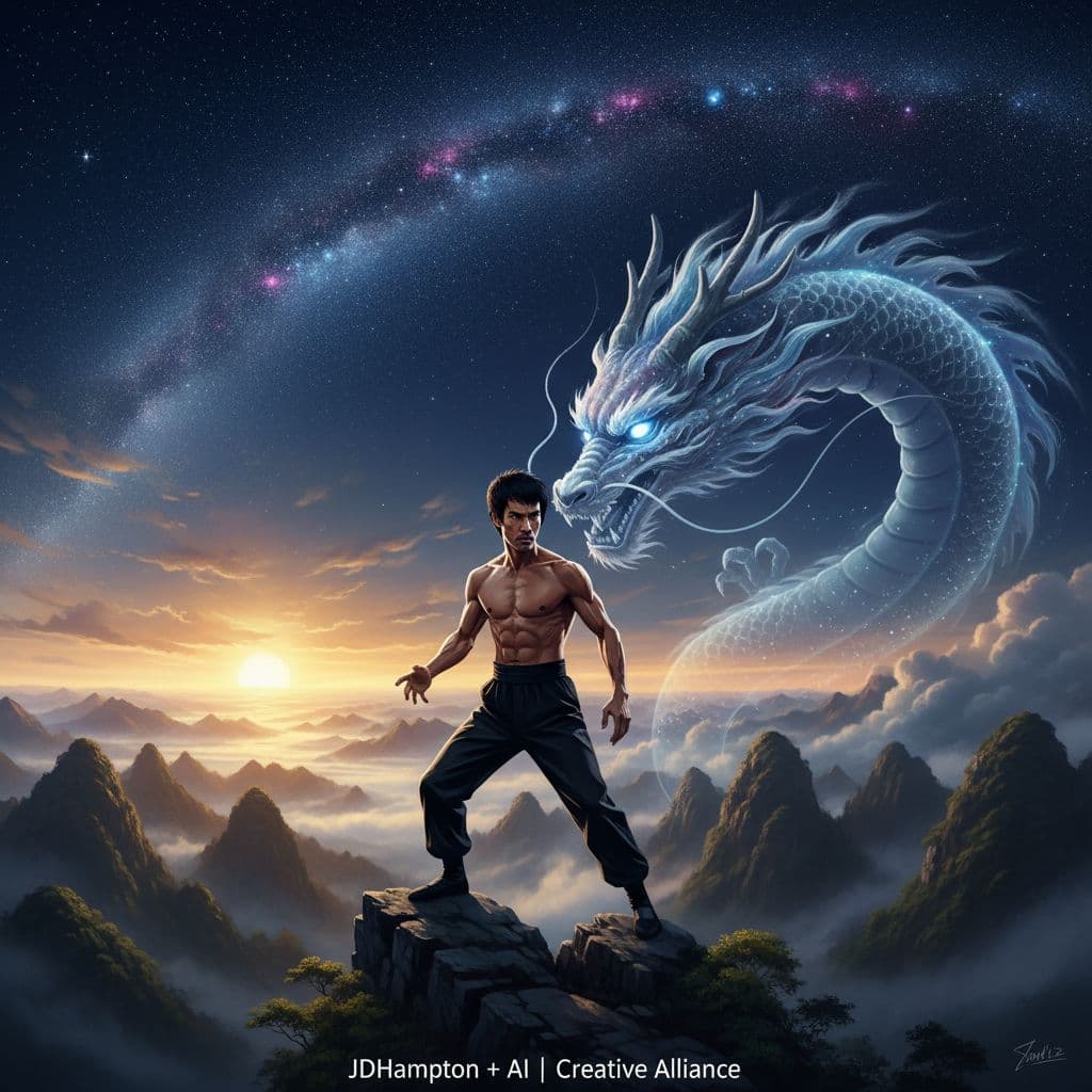 AI generated: **A cinematic masterpiece, a spiritual tribute by JDHampton & AL. Bruce Lee at his absolute physical...