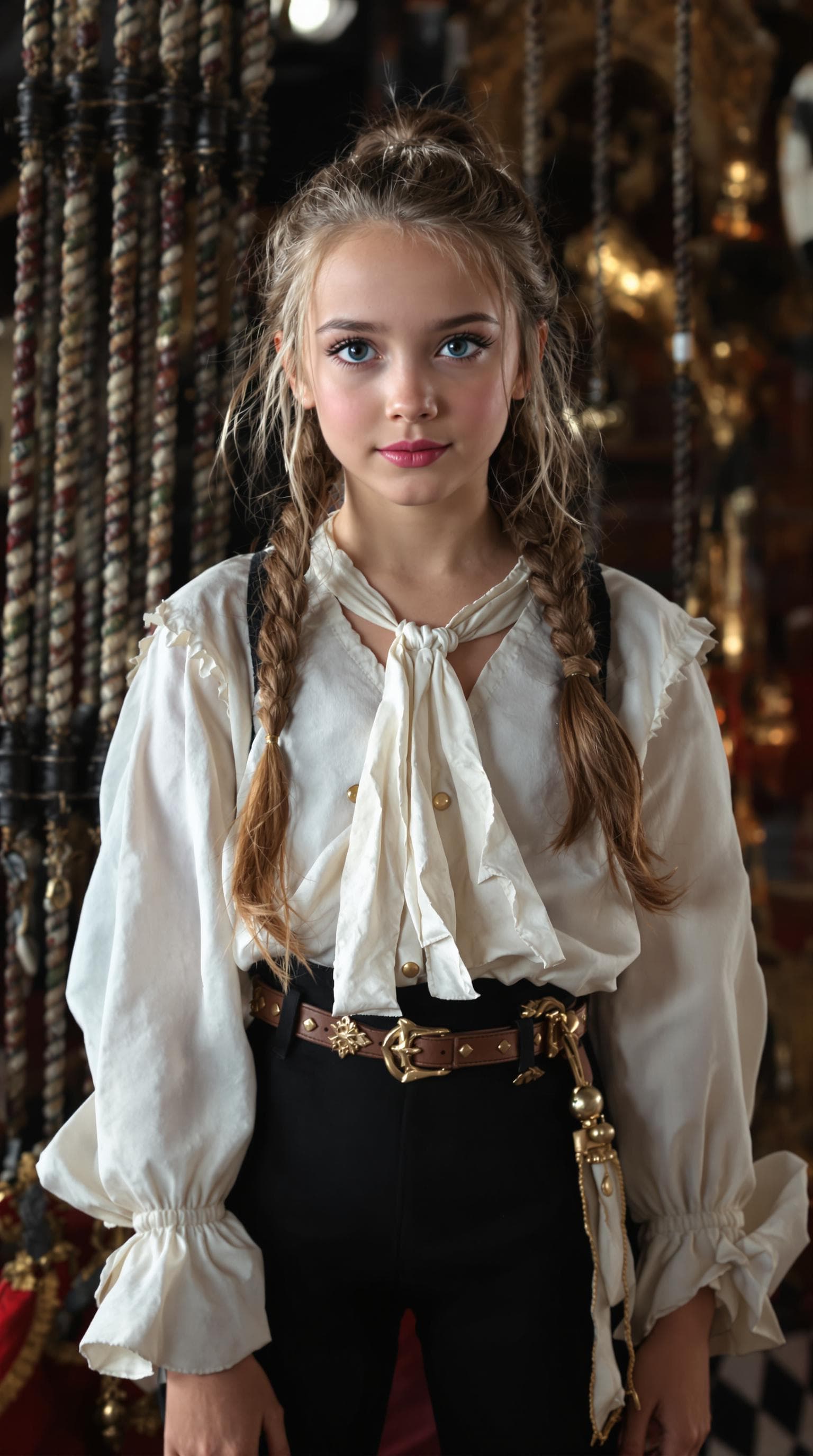 AI generated: a professional photo of a exceptionally beautiful girl aboard pirate ship at sea (age 7), (seven yea...