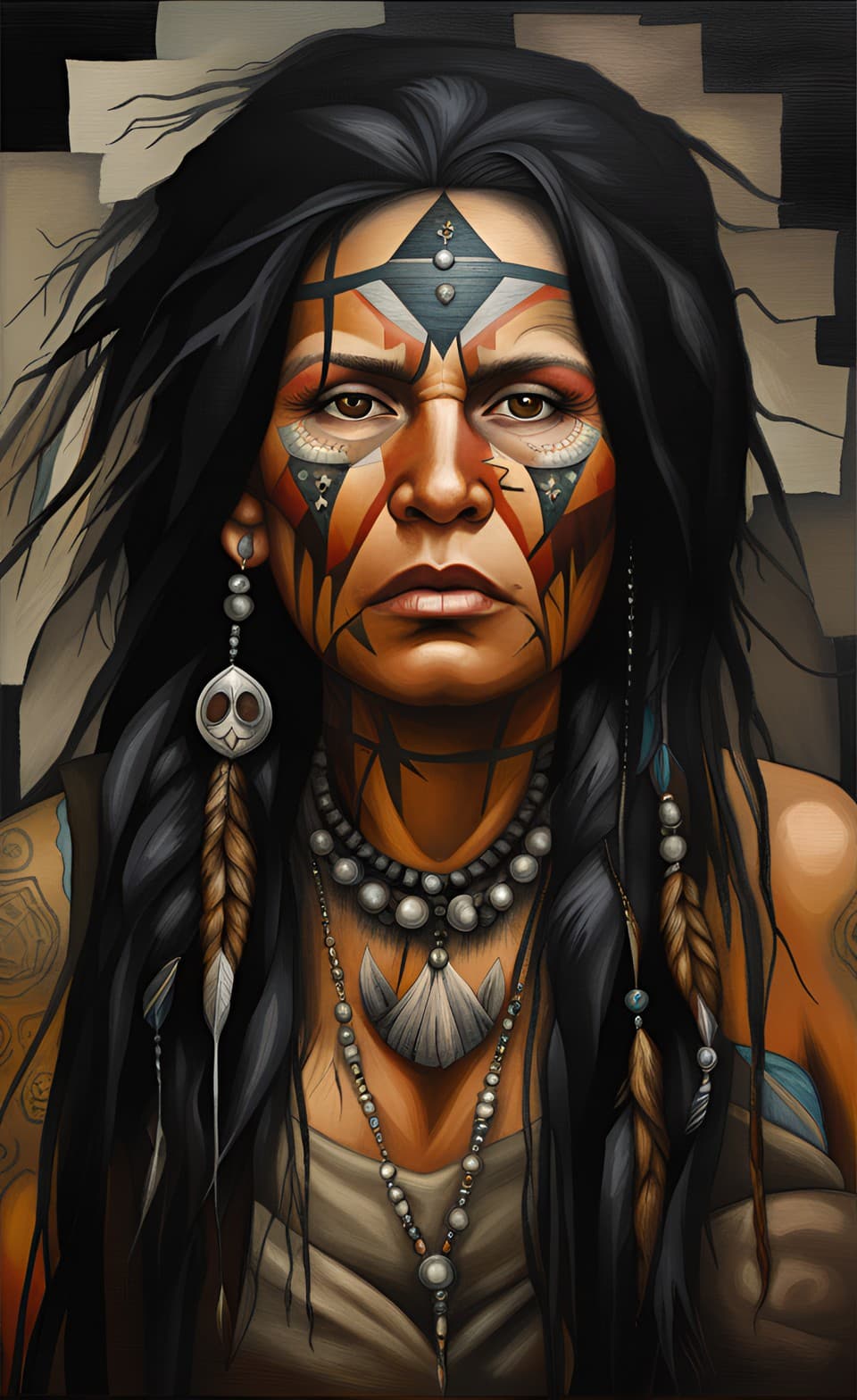 AI generated: A portrait of a female tribal elder, long messy hair, Eagle feathers, grunge color theme, geometric ...