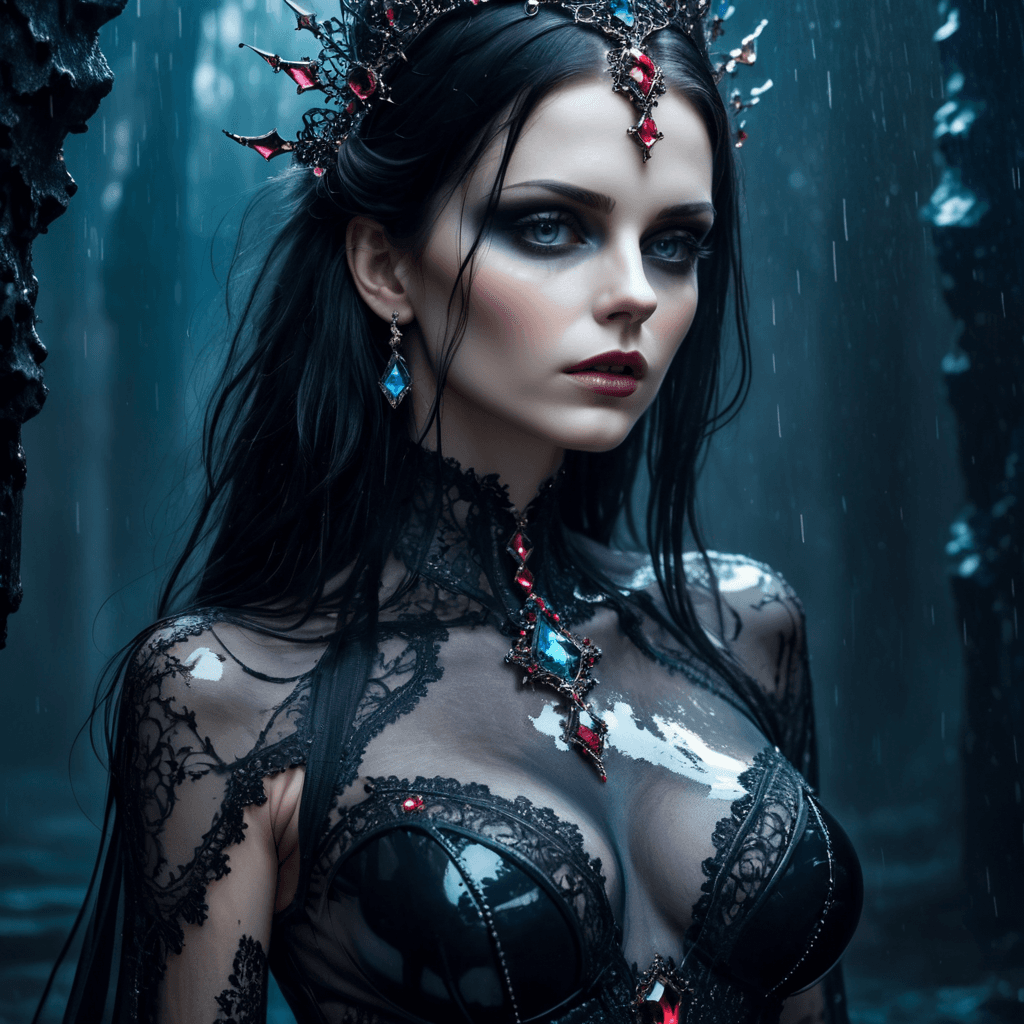 AI generated: Gothic style close-up of a busty woman, gothic tearing, fracture array, creases, skintight transluce...
