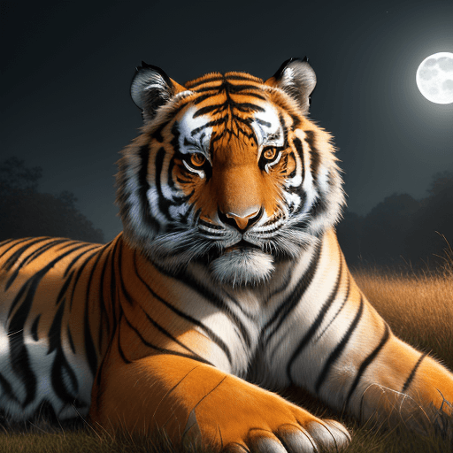 AI generated: High resolution photo of a tiger, relaxed pose, moonlight shining through a thick grassland; 8k, int...