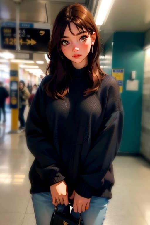 AI generated: best quality, masterpiece, 1girl, mild smile, black sweaters, auburn hair, subway station, dramatic ...