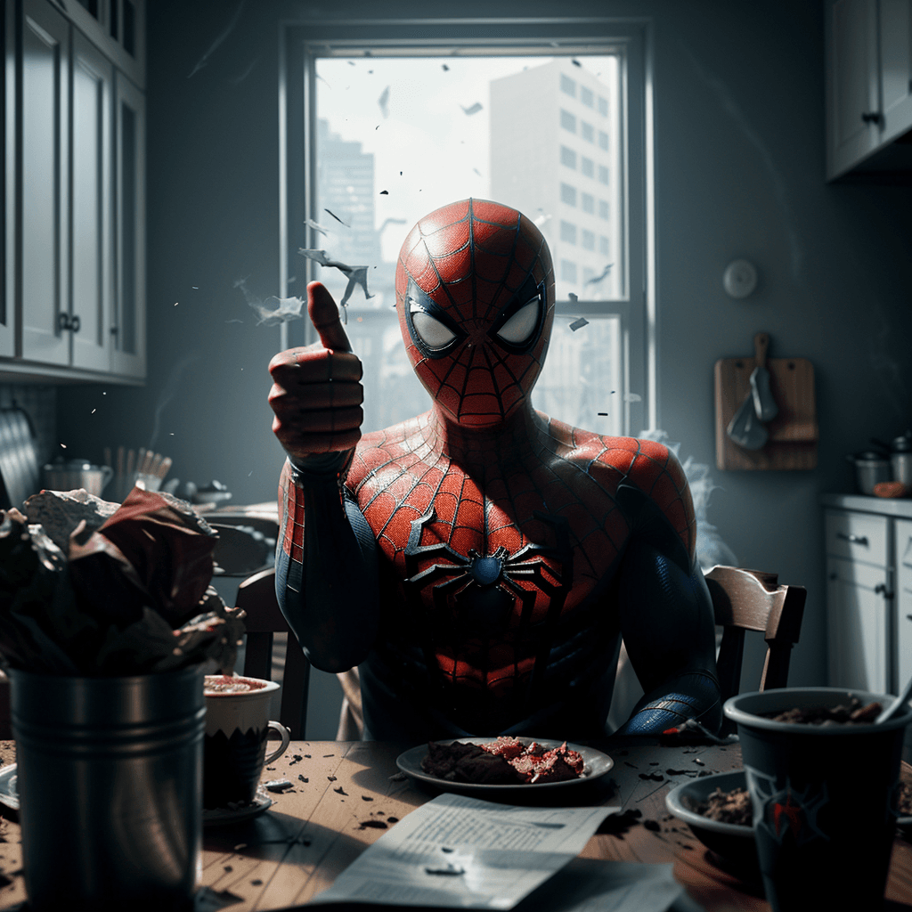 AI generated: a haunted moody photo of spiderman (showing thumb up) sitting at the table surrounded by messy kitch...