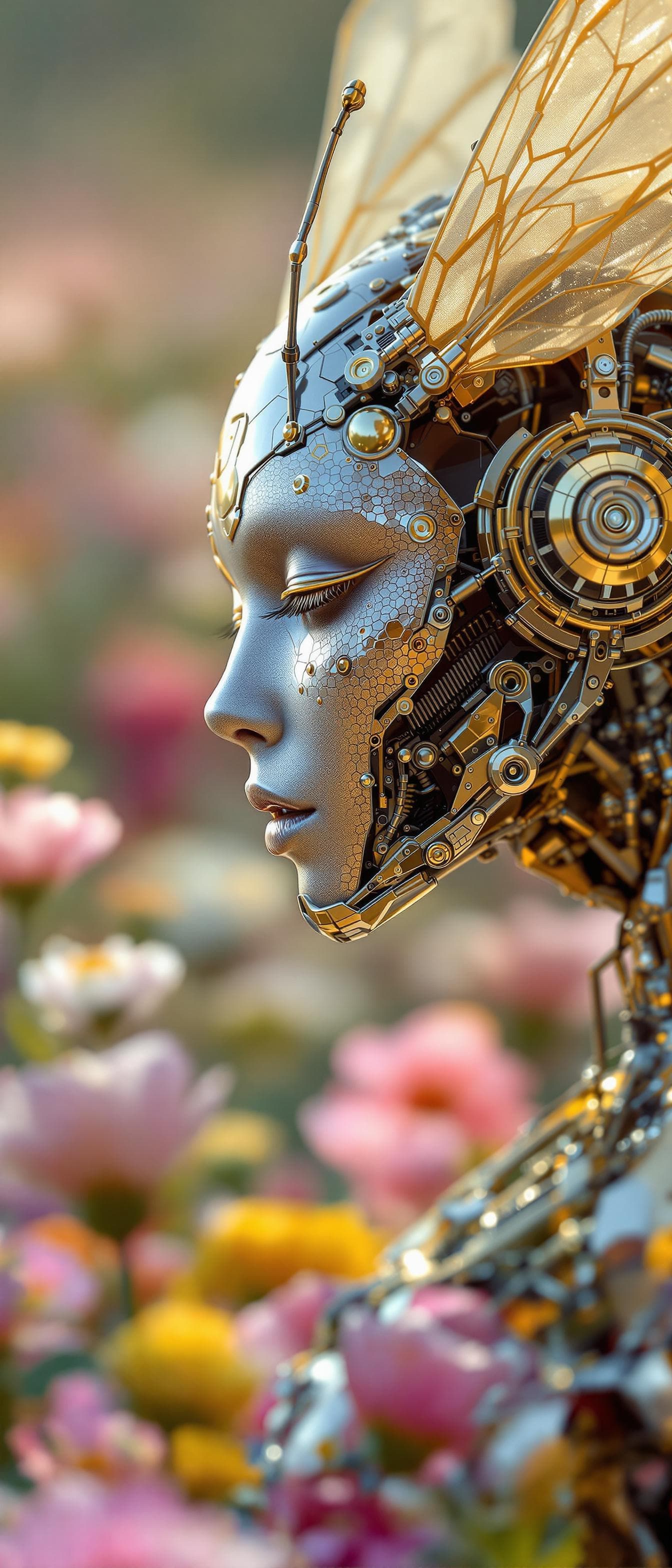 AI generated: complex 3d render ultra detailed of a beautiful metal Honeybee android face and body, seen standing ...