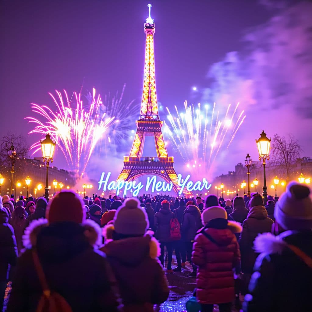 AI generated: Create a lively and festive image of people celebrating New Year's Eve in Paris in front of the Eiff...