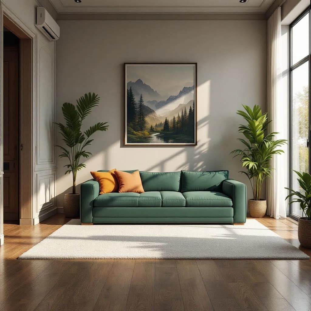 AI generated: High resolution photography interior design, "forest green couch", small cozy living room, wood floo...