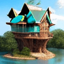 AI generated: [(oak tree house, intricate ornate tree-house in a amazing gigantic turquoise Angel Oak, on the bank...
