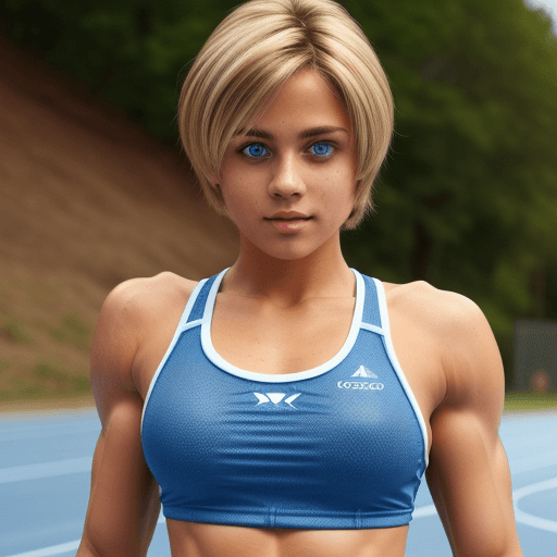 AI generated: big blue eyes, brown skin, muscular, light blonde hair, bobbed hairstyle, happy, beautiful woman, at...