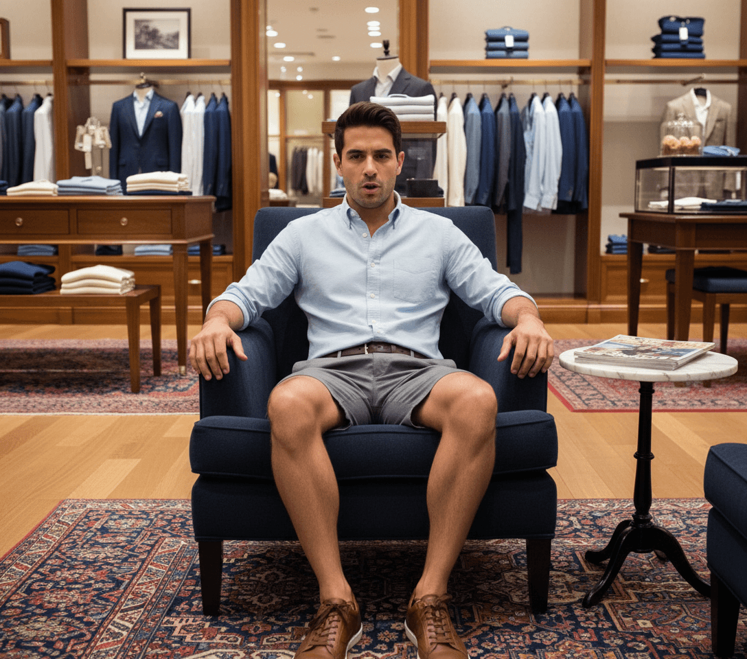 AI generated: At a very luxurious men's clothing store. The Hispanic male is slender, he is 5 feet tall, he is wea...