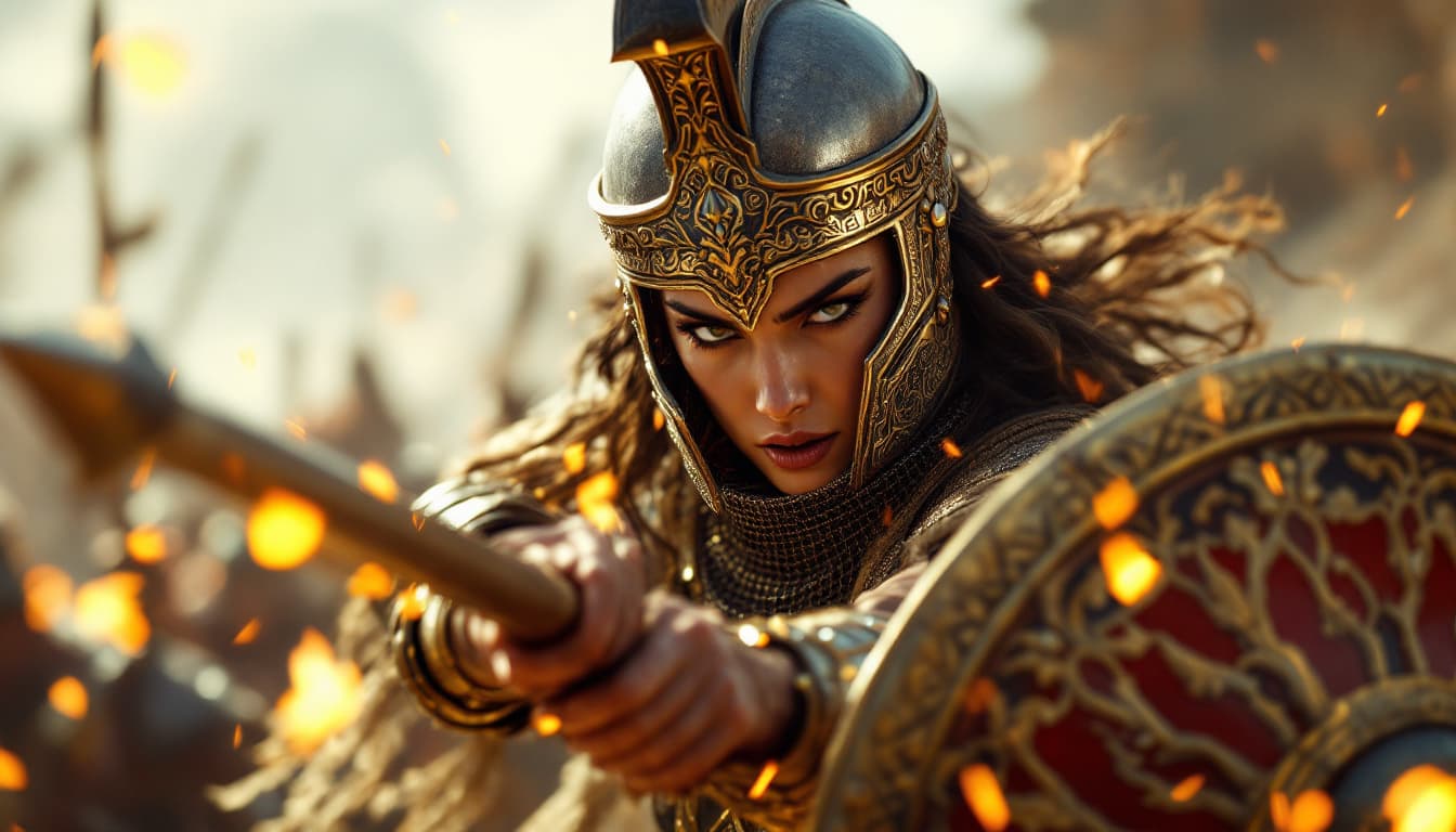 AI generated: Ultra-realistic.Close-up of Parushat thrusting her spear into an enemy shield, sparks flying. [Parus...