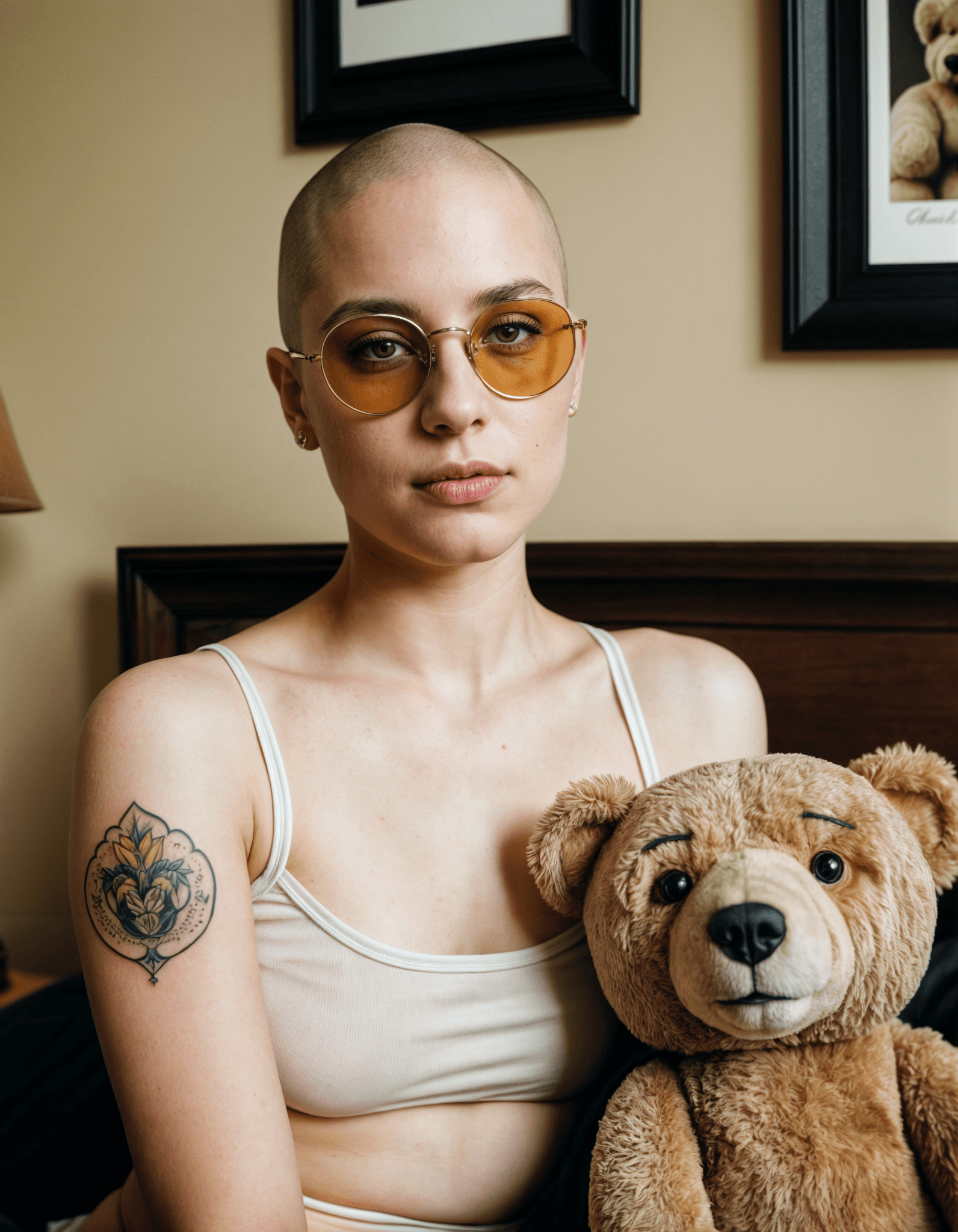 AI generated: analog phot, 18 y.o. (bald:1.2) girl, muscular, pale skin, golden glasses, tattoo, teddybear, polaro...