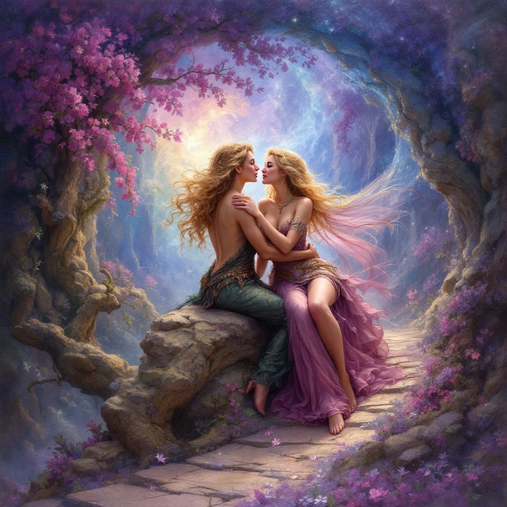 AI generated: full body ,josephine wall and Jean ansell,art,surealism,beautiful art,love,fantasy