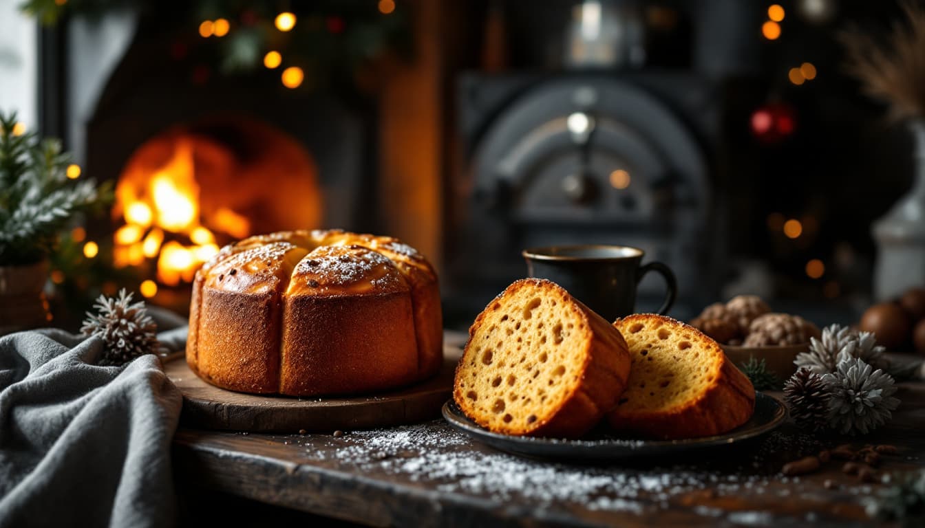 AI generated: Still life with traditional Christmas panettone bread, black and gold color palette, wood-burning ov...
