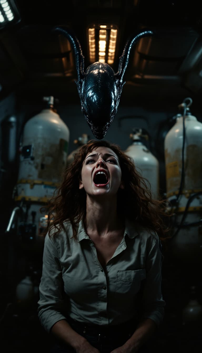 AI generated: A copy of the movie "ALIEN" in the style of Ridley Scott, there is an alien on top and in front of h...